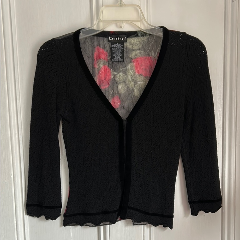 Bebe Black Cropped Blouse with Floral Mesh Backing, Size S, Vintage